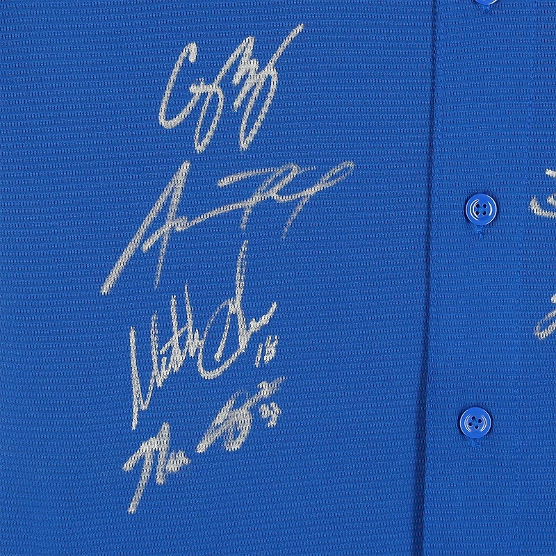 Maillot Nike Max Scherzer bleu multi-signé des champions de la série mondiale MLB 2023 des Texas Rangers avec 8 signatures dont Corey Seager, Adolis Garcia et Max Scherzer - Édition limitée à 10