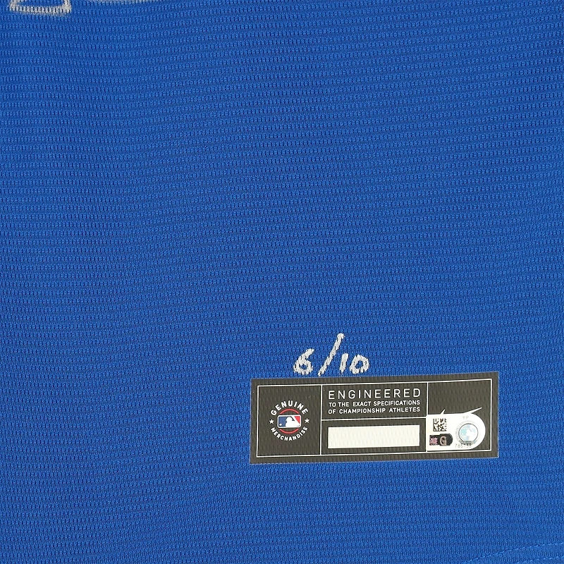 Maillot Nike Max Scherzer bleu multi-signé des champions de la série mondiale MLB 2023 des Texas Rangers avec 8 signatures dont Corey Seager, Adolis Garcia et Max Scherzer - Édition limitée à 10