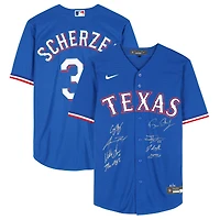 Maillot Nike Max Scherzer bleu multi-signé des champions de la série mondiale MLB 2023 des Texas Rangers avec 8 signatures dont Corey Seager, Adolis Garcia et Max Scherzer - Édition limitée à 10