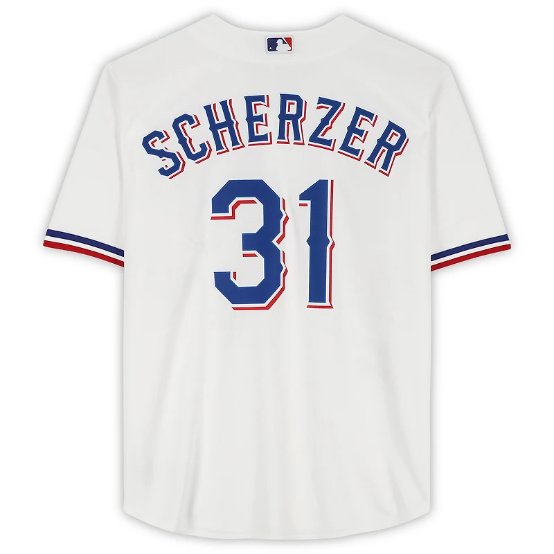 Maillot Nike Max Scherzer blanc multi-signé des champions de la série mondiale MLB 2023 des Texas Rangers avec 8 signatures dont Corey Seager, Adolis Garcia et Max Scherzer - Édition limitée à 10