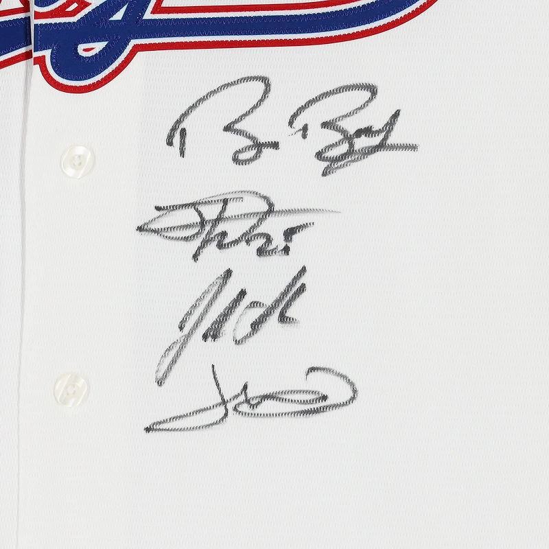 Maillot Nike Max Scherzer blanc multi-signé des champions de la série mondiale MLB 2023 des Texas Rangers avec 8 signatures dont Corey Seager, Adolis Garcia et Max Scherzer - Édition limitée à 10