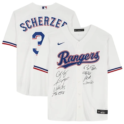 Maillot Nike Max Scherzer blanc multi-signé des champions de la série mondiale MLB 2023 des Texas Rangers avec 8 signatures dont Corey Seager, Adolis Garcia et Max Scherzer - Édition limitée à 10
