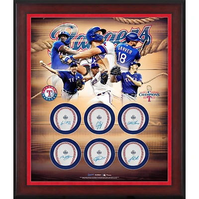 Texas Rangers 2023 World Series Champions Framed Multi-Signed 6-Baseball Shadowbox featuring Corey Seager, Adolis Garcia, Max Scherzer, Jose Leclerc, Mitch Garver & Josh Sborz