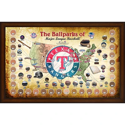 Collage encadré de la carte des parcs de la MLB 20" x 32" des Texas Rangers avec de la terre utilisée lors des matchs des 30 stades