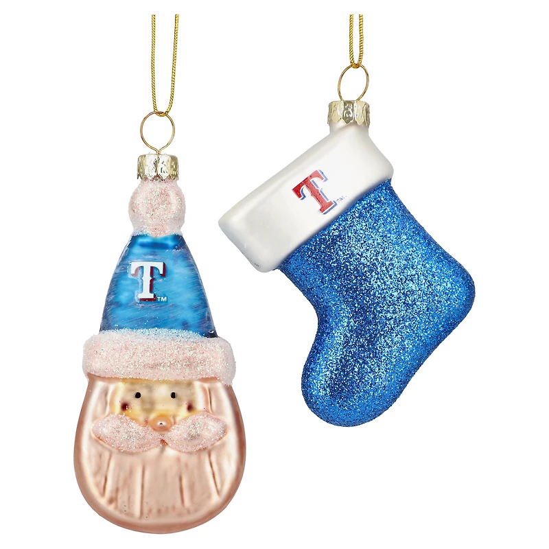 Lot de deux décorations en verre soufflé représentant le Père Noël et un bas de Noël des Texas Rangers