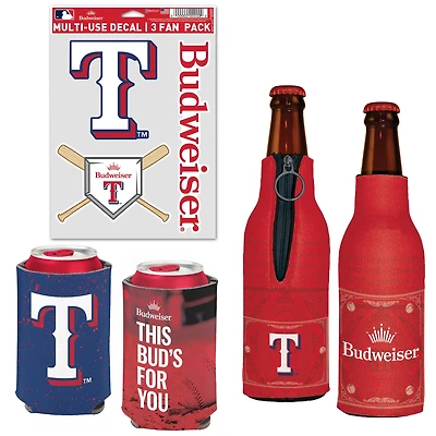 Pack refroidisseur de canettes, refroidisseur de bouteilles et décalcomanies WinCraft Texas Rangers MLB x Budweiser