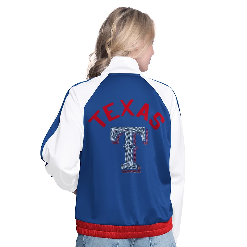 Veste de survêtement à fermeture éclair intégrale G-III Sports by Carl Banks pour femme, blanche/bleue, motif raglan strass Rally Texas Rangers