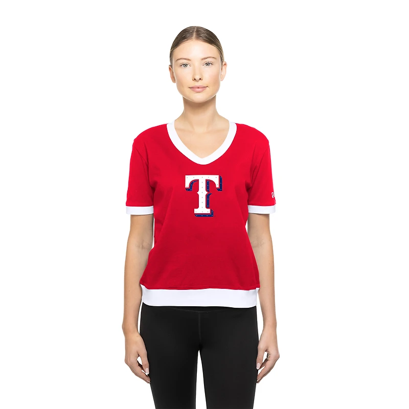 Women's New Era  Red Texas Rangers Game Day Rhinestone V-Neck T-Shirt