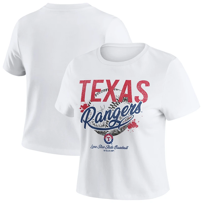 Women's WEAR by Erin Andrews  White Texas Rangers Distressed Cropped Baby T-Shirt