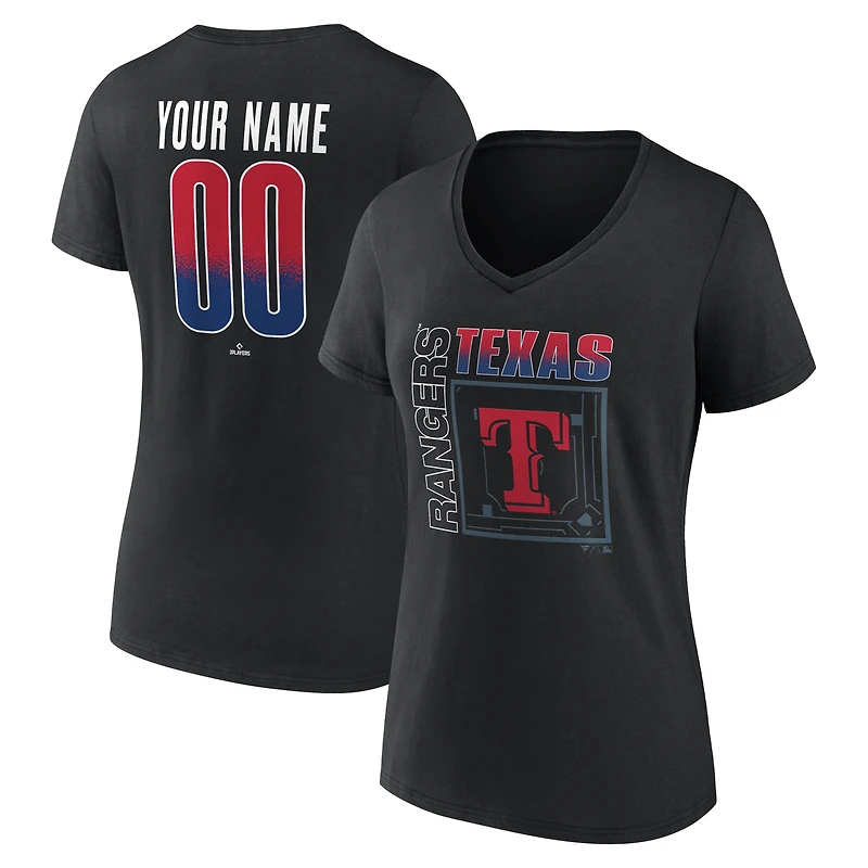 T-shirt noir à col en V pour femme, style Texas Rangers, avec nom et numéro personnalisés, l'effigie du terrain des Rangers Texas.