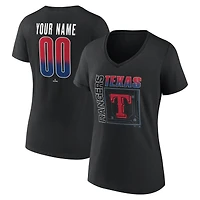 T-shirt noir à col en V pour femme, style Texas Rangers, avec nom et numéro personnalisés, l'effigie du terrain des Rangers Texas.