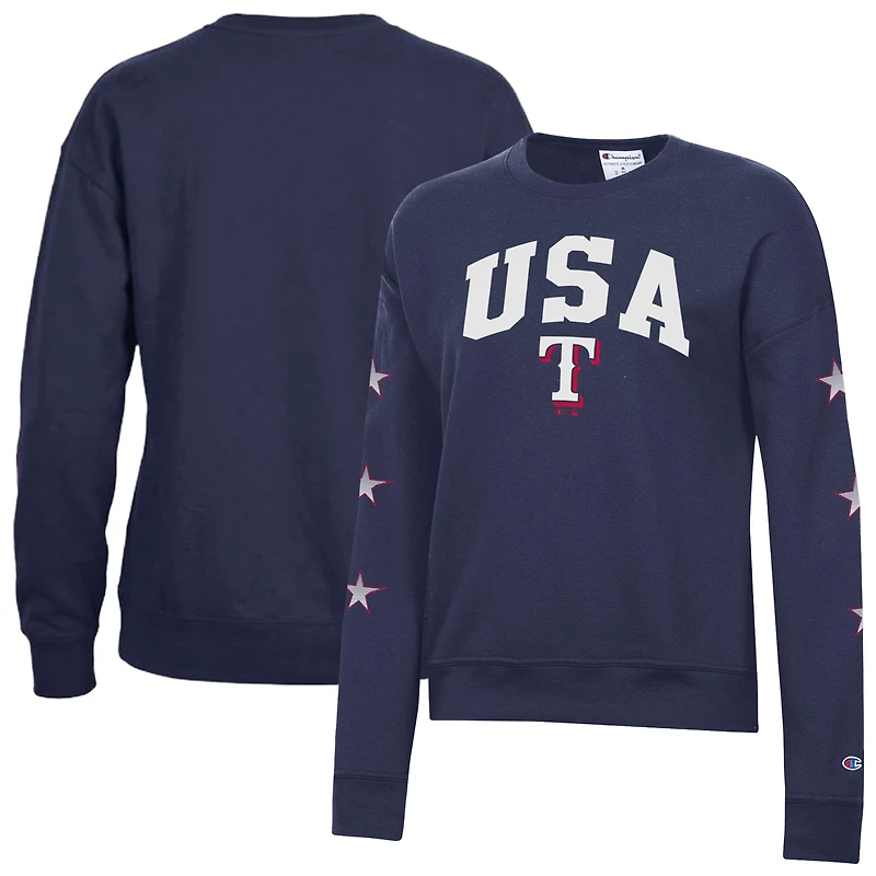Women's Champion Navy Texas Rangers Americana Fleece Crewneck Sweatshirt