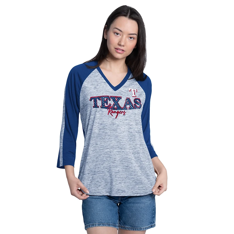 T-shirt d'entraînement de vitesse G-III 4Her pour femmes par Carl Banks, bleu royal/bleu chiné, Texas Rangers, manches 3/4, col en V orné strass