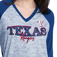 Women's G-III 4Her by Carl Banks Royal/Heather Royal Texas Rangers Speed Training 3/4-Sleeve Rhinestone V-Neck T-Shirt