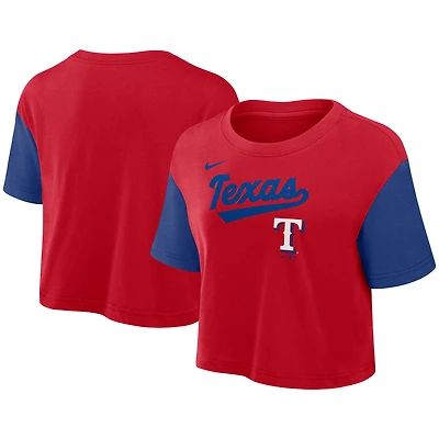 Women's Nike Red/Royal Texas Rangers Script Dri-FIT Cropped T-Shirt