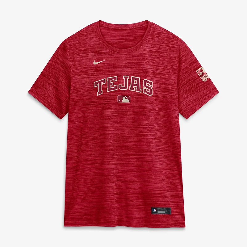 T-shirt Nike Velocity Dri-FIT pour femme, collection authentique City Connect 2026 des Texas Rangers rouges