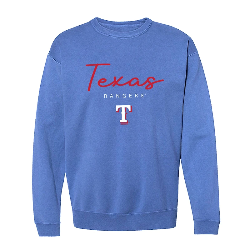 Sweat-shirt a col rond bleu clair « Soft as Grape » pour femme, imprimé pigmenté, Texas Rangers