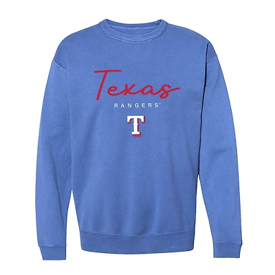 Sweat-shirt a col rond bleu clair « Soft as Grape » pour femme, imprimé pigmenté, Texas Rangers