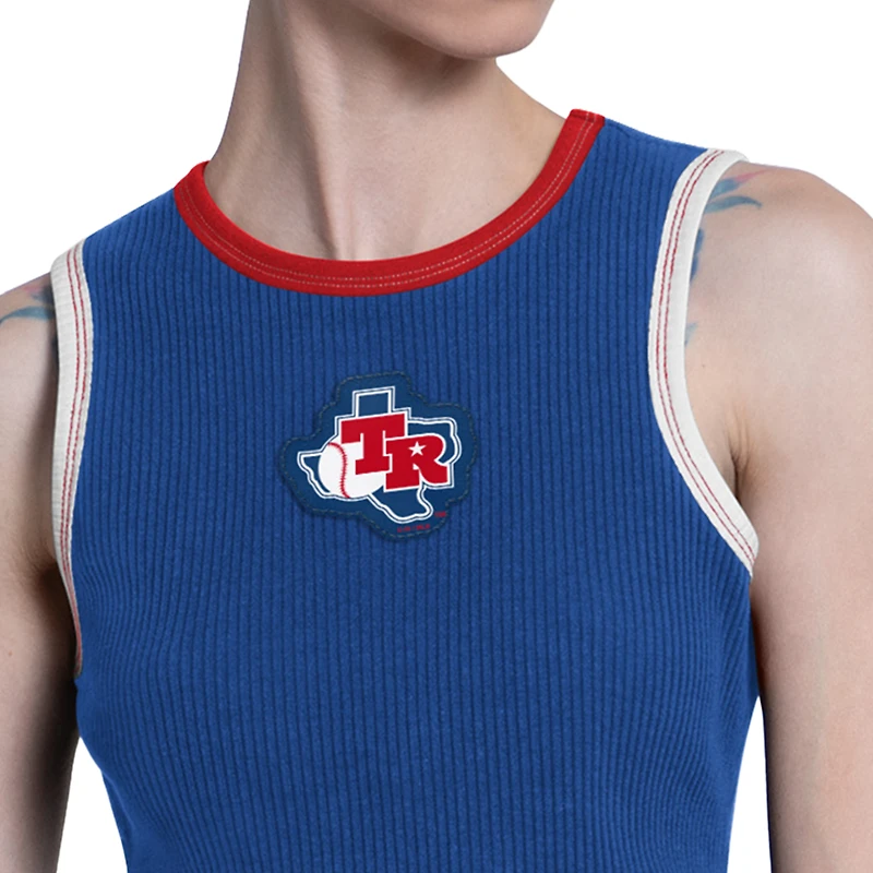 Women's Starter Royal Texas Rangers Cooperstown Play the Ball Crop Tank Top
