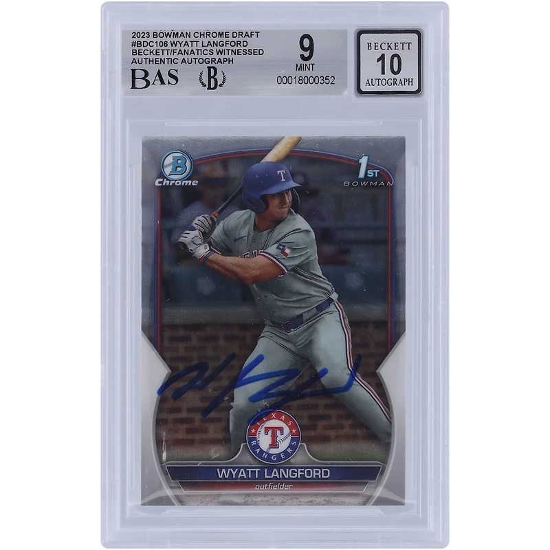 Wyatt Langford Texas Rangers autographié 2023 Bowman Chrome Draft #BDC-106 Beckett Fanatics Witnessed Authenticated 9/10 Card