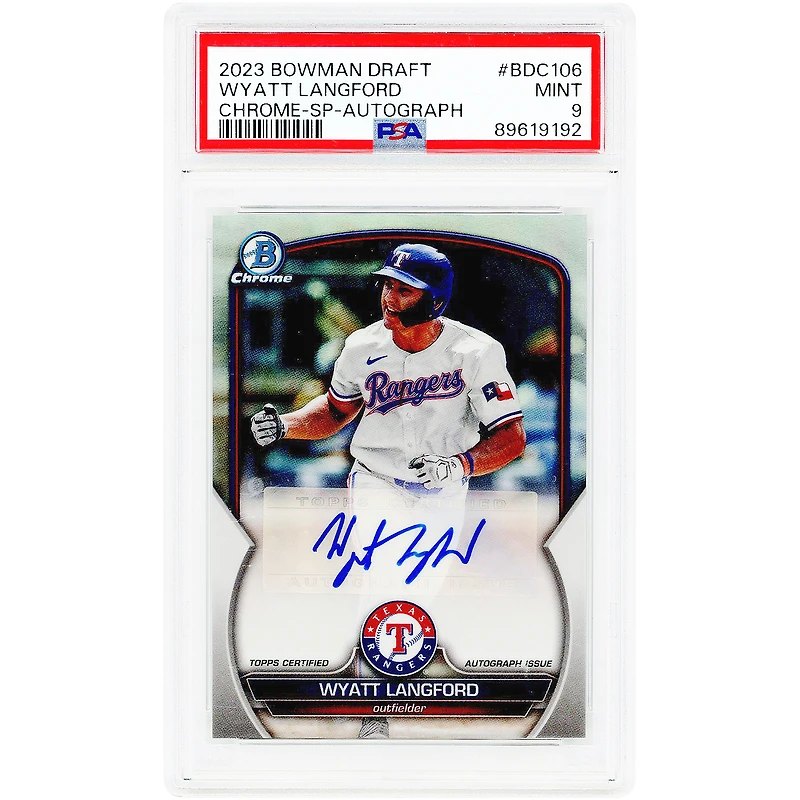 Carte autographiée de Wyatt Langford (Texas Rangers), édition 2023 Bowman Draft Chrome SP, variante photo, n° BDC-106, n° 52/99, authentifiée par PSA (9 cartes).
