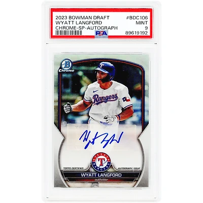 Carte autographiée de Wyatt Langford (Texas Rangers), édition 2023 Bowman Draft Chrome SP, variante photo, n° BDC-106, n° 52/99, authentifiée par PSA (9 cartes).