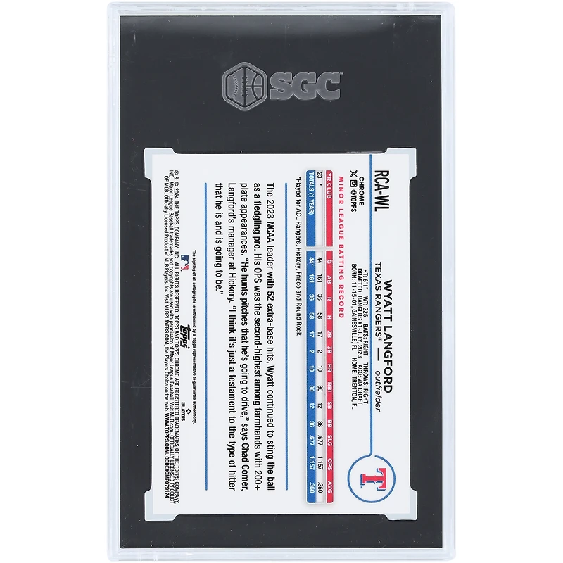 Wyatt Langford Texas Rangers Autographed 2024 Topps Chrome Logofractor Black Refractor #RCA-WL #1/10 SGC Authenticated 9.5/10 Rookie Card