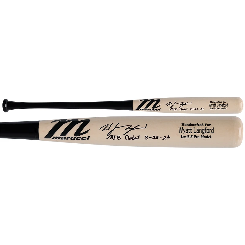 Batte de baseball Marucci Pro Model autographiée par Wyatt Langford des Texas Rangers avec l'inscription « MLB Debut 3-28-24 »