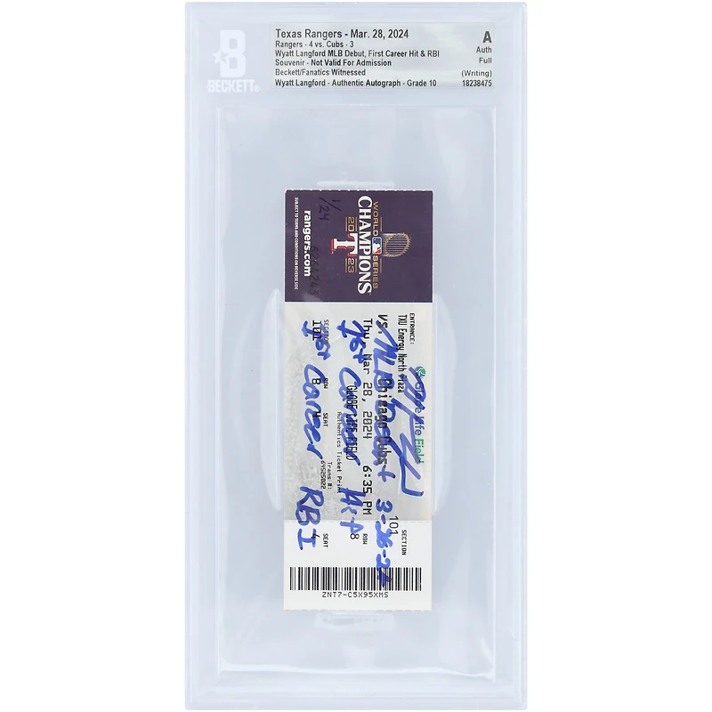 Wyatt Langford Texas Rangers Autographed MLB Debut #/24 Beckett Fanatics Witnessed Authenticated Auto 10 Ticket from March 28, 2024 with Multiple Inscriptions