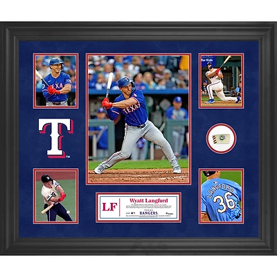 Collage encadré de 5 photos de Wyatt Langford, Texas Rangers, avec un morceau de ballon utilisé lors du match