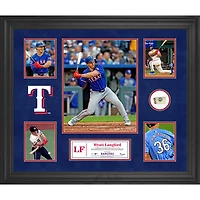 Collage encadré de 5 photos de Wyatt Langford, Texas Rangers, avec un morceau de ballon utilisé lors du match