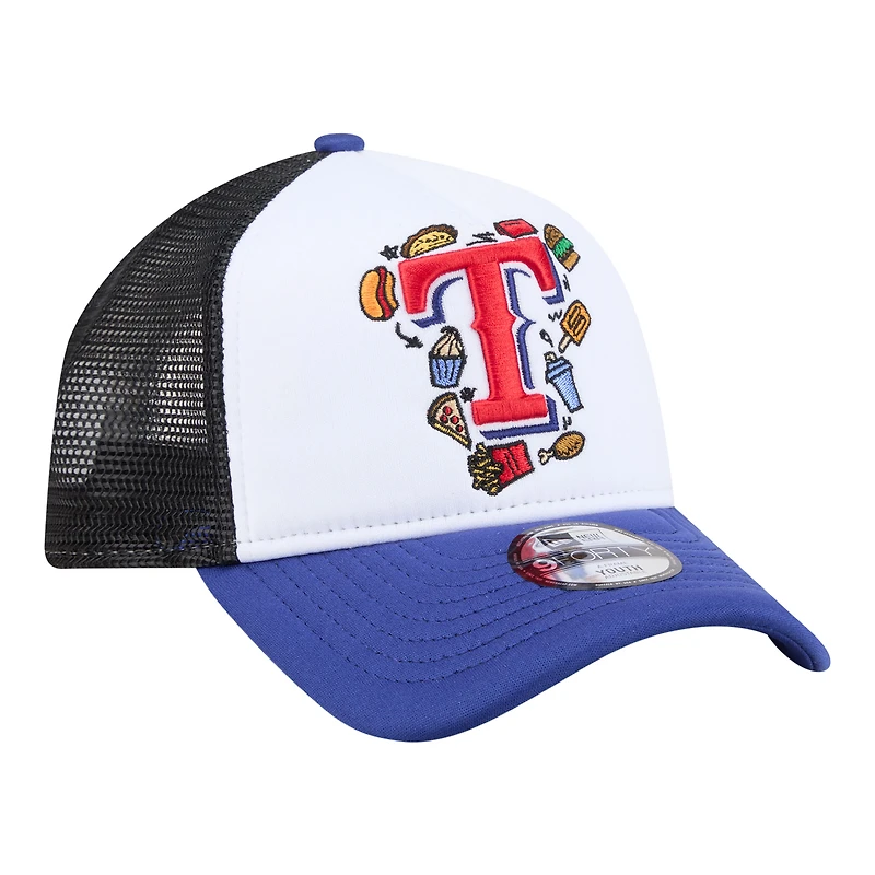Casquette trucker ajustable New Era blanche/bleu roi Texas Rangers Food A-Frame 9FORTY pour jeunes