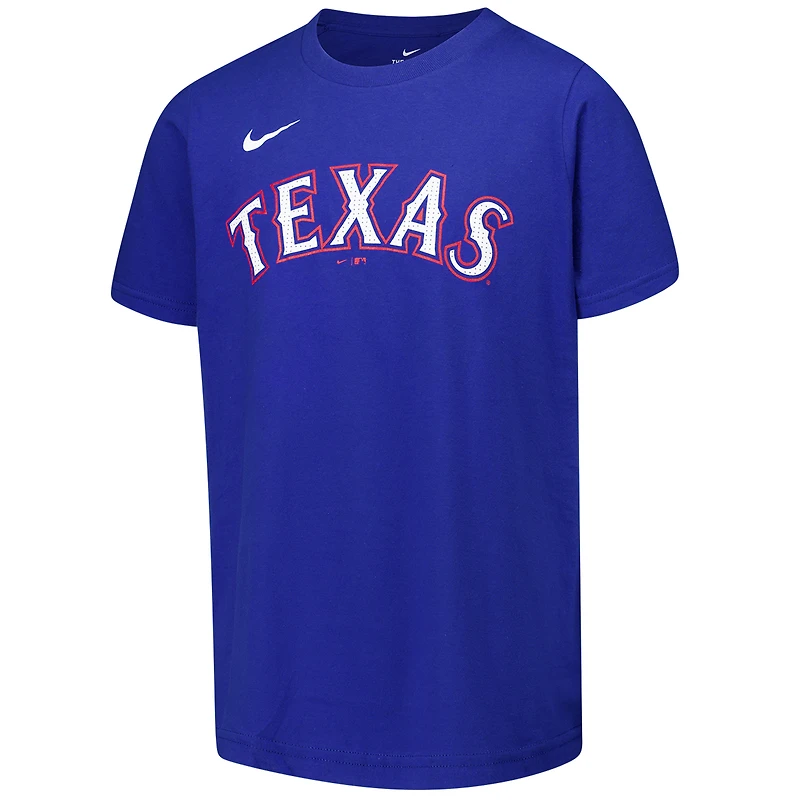 T-shirt Nike Royal Texas Rangers avec nom et numéro pour jeune Evan Carter