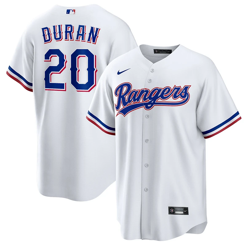 Maillot Nike Ezequiel Duran blanc pour jeune, réplique à domicile des Texas Rangers
