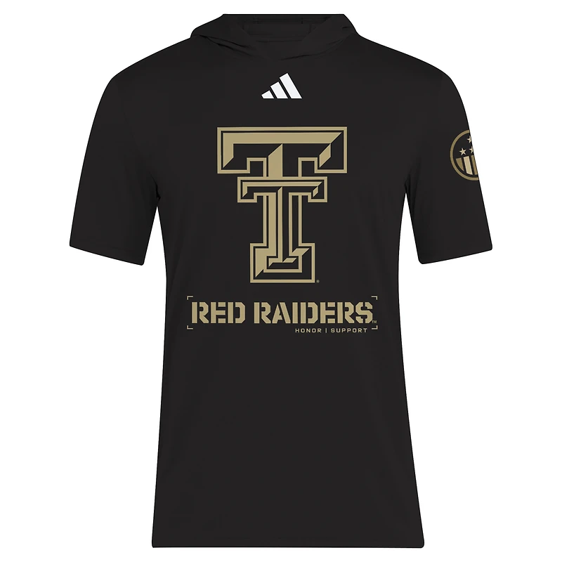 Men's adidas Black Texas Tech Red Raiders 2025 Military Appreciation AEROREADY Hooded T-Shirt