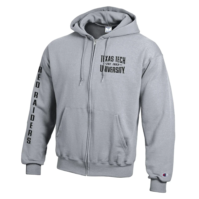 Men's Champion Heather Gray Texas Tech Red Raiders Varsity Powerblend Full-Zip Fleece Hoodie