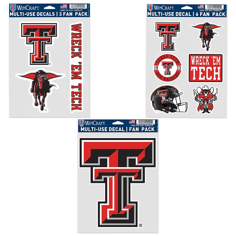 Lot de trois autocollants pour fans des Red Raiders du Texas Tech de WinCraft