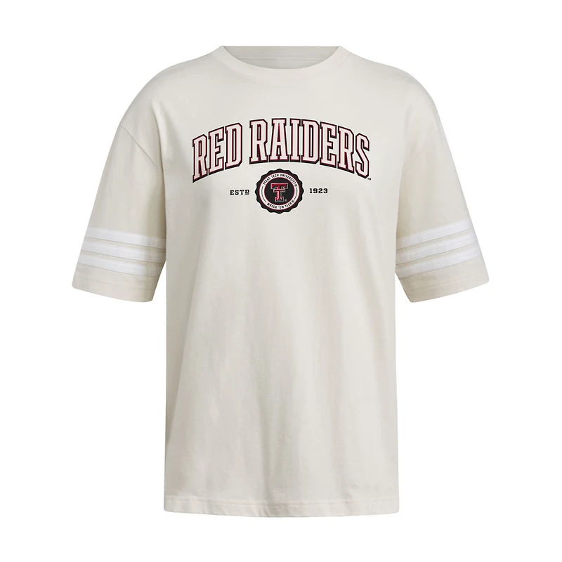 Women's adidas Cream Texas Tech Red Raiders Fashion Three-Stripes Oversized T-Shirt