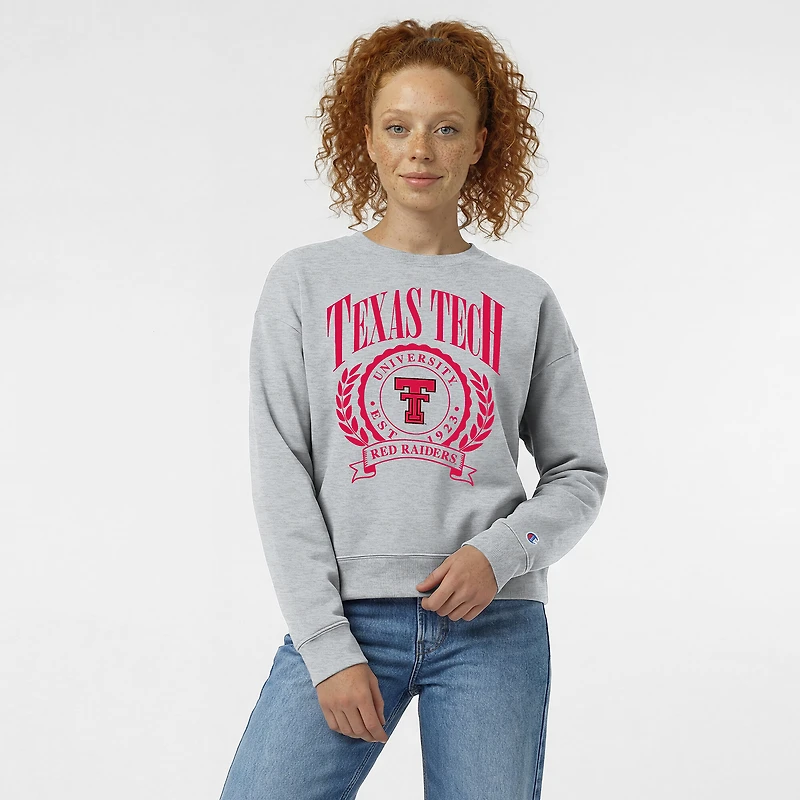 Women's Champion Heather Gray Texas Tech Red Raiders Academic Crest Powerblend Crewneck Sweatshirt