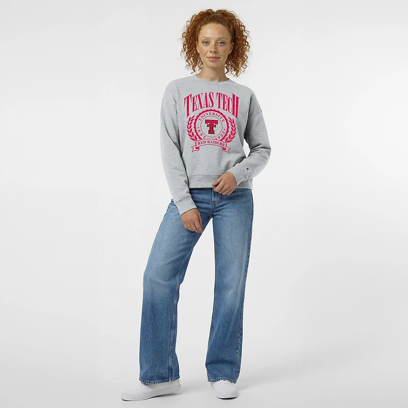 Women's Champion Heather Gray Texas Tech Red Raiders Academic Crest Powerblend Crewneck Sweatshirt