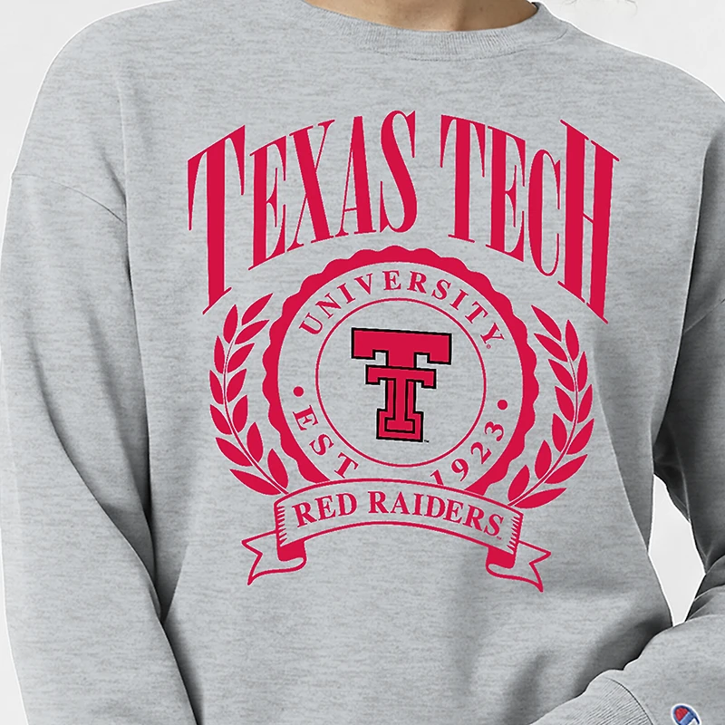 Women's Champion Heather Gray Texas Tech Red Raiders Academic Crest Powerblend Crewneck Sweatshirt