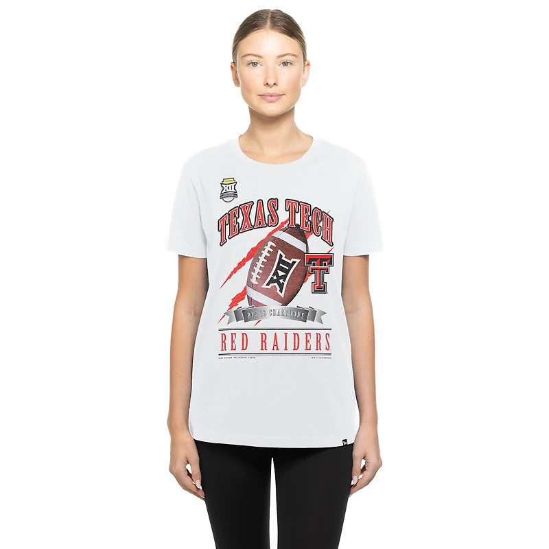 T-shirt New Era blanc pour femmes, Texas Tech Red Raiders, champions de football Big 12 2025, vestiaire
