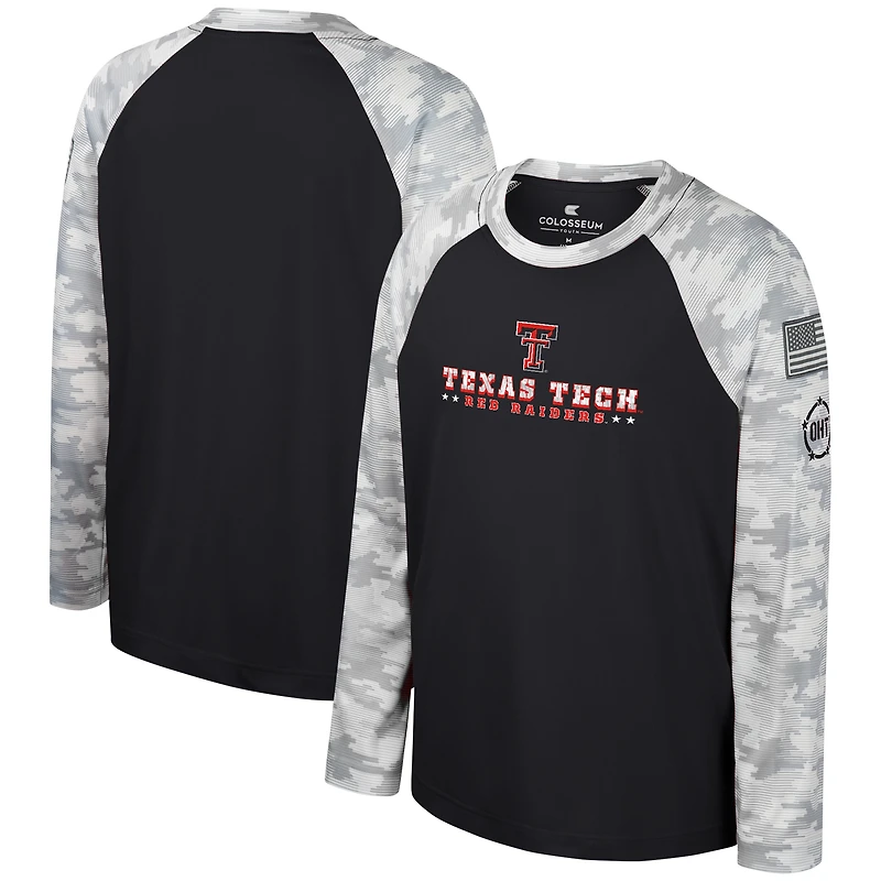 T-shirt à manches longues raglan Colosseum pour jeunes, noir/camouflage, Texas Tech Red Raiders OHT, appréciation militaire Dark Star