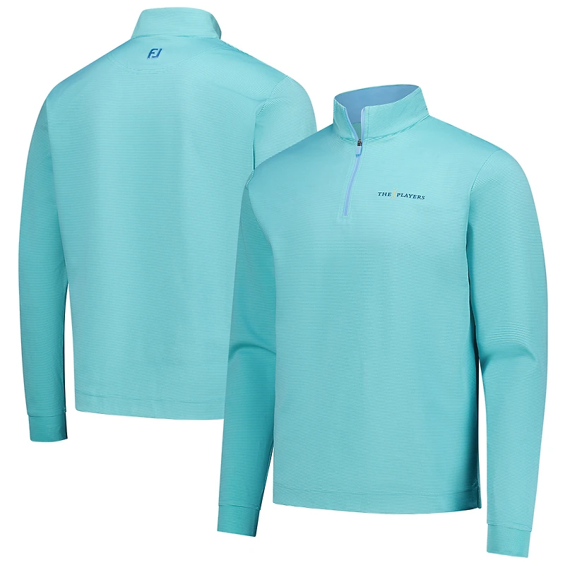 Pull FootJoy THE PLAYERS Ottoman Stripe Knit à col zippé pour homme, couleur turquoise.