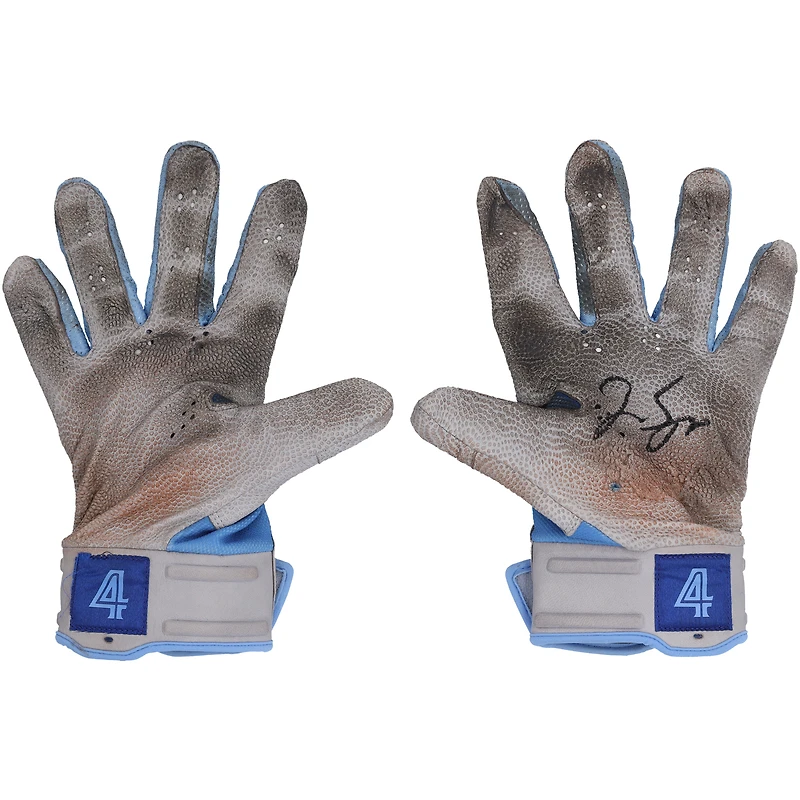 Gants de frappe Nike blancs et bleus autographiés par George Springer des Blue Jays de Toronto lors de la saison 2023 de la MLB