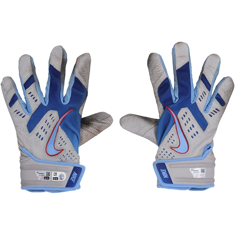 Gants de frappe Nike blancs et bleus autographiés par George Springer des Blue Jays de Toronto lors de la saison 2023 de la MLB