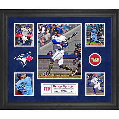 Collage encadré de 5 photos des Blue Jays de Toronto de George Springer avec un morceau de ballon utilisé lors du match