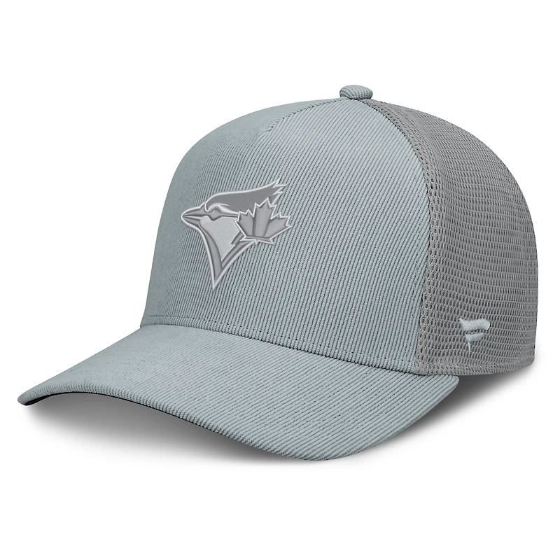 Casquette trucker ajustable Fanatics grise Toronto Blue Jays en velours côtelé.