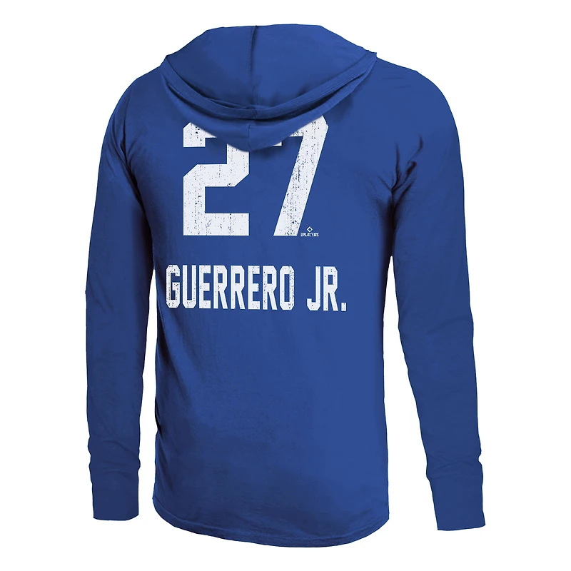 Men's Majestic Threads Vladimir Guerrero Jr. Royal Toronto Blue Jays 2025 World Series Name & Number Lightweight Long Sleeve Hooded T-Shirt
