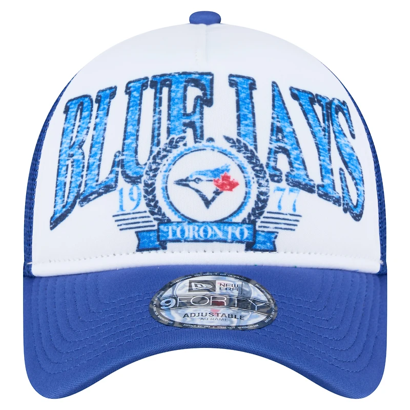 Men's New Era White/Royal Toronto Blue Jays Distressed 9FORTY A-Frame Adjustable Trucker Hat